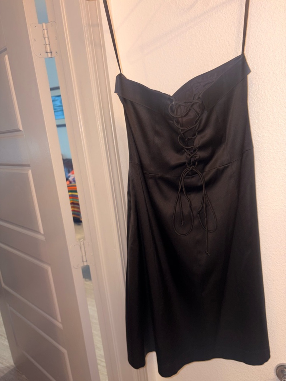 Strapless Black Lace-Up Satin Slip Dress - Women